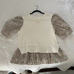 By Anthropologie Floral Puff Sleeve Mixed Media Top • Cream Knit Size L